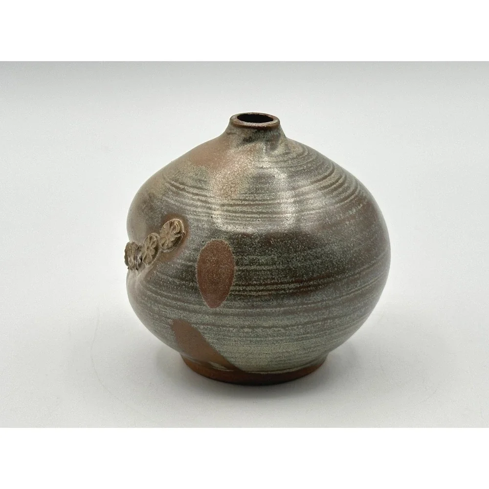 Vintage Studio Pottery Bud Vase Brown Salt Glazed Floral Stoneware Artist Signed